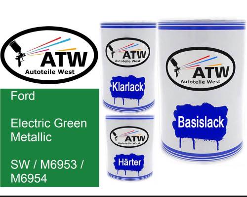 Ford, Electric Green Metallic, SW / M6953 / M6954: 500ml Lackdose + 500ml Klarlack + 250ml Härter - Set, von ATW Autoteile West.